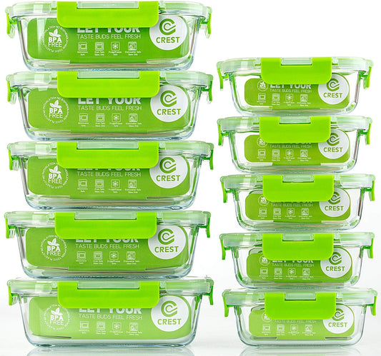 C CREST Glass Containers for Food Storage with Lids, [10-Pack] Meal Prep Containers for Kitchen, Home Use, BPA Free