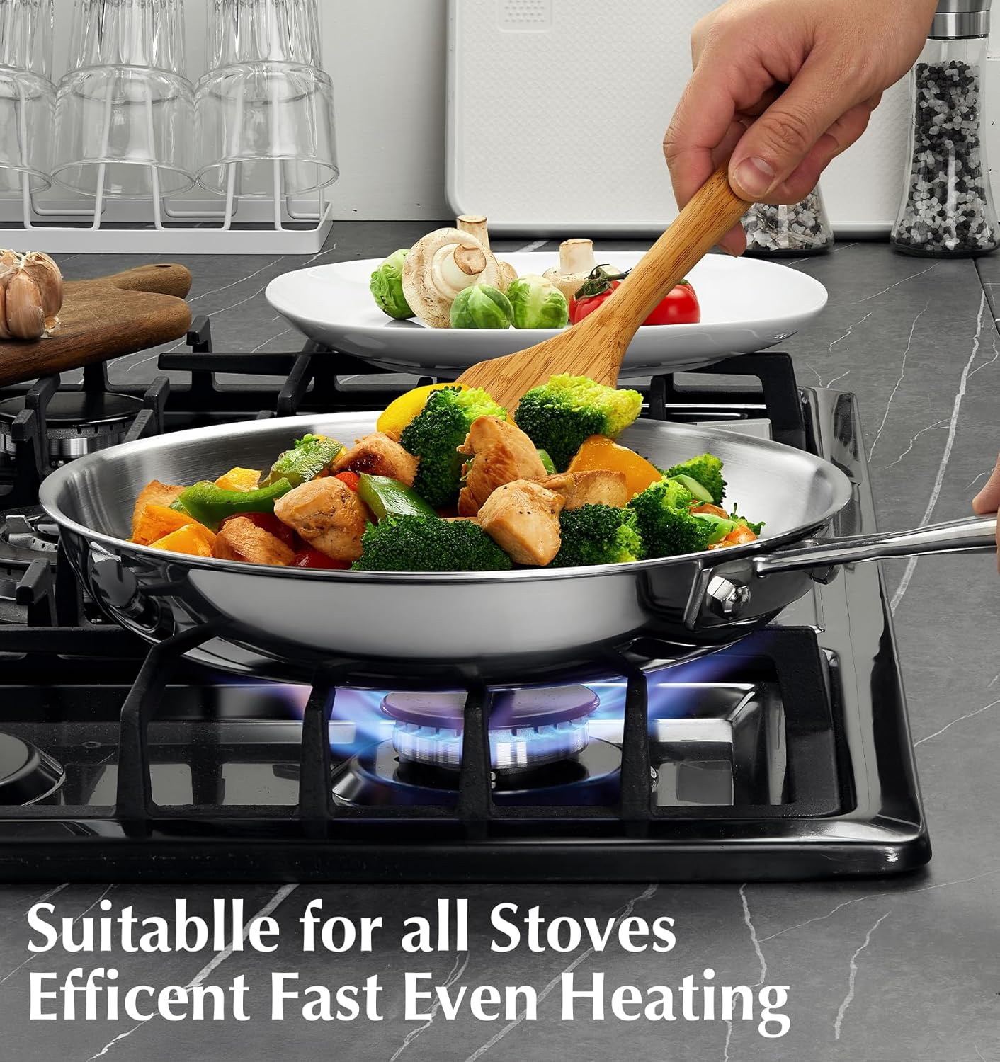 KOCH SYSTEME CS Stainless Steel Pan 10 Inch, Tri-Ply Stainless Steel Frying Pan with Stay-Cool Handle, Oven Safe, Non-Toxic Staninless Steel Skillet, Fast & Even Heat Induction Compatible