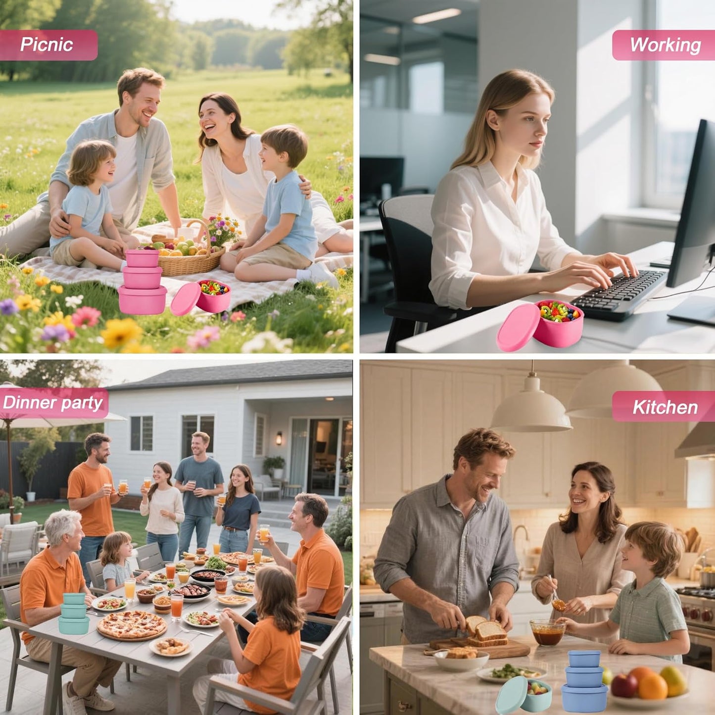 Reusable Nesting Silicone Food Storage Containers, Set of 3 Lunch Box Bento with Lids, Airtight Snack Container, BPA Free, Dishwasher Microwave Oven Freezer Safe (6.7oz, 10oz, 20oz) (Pink)