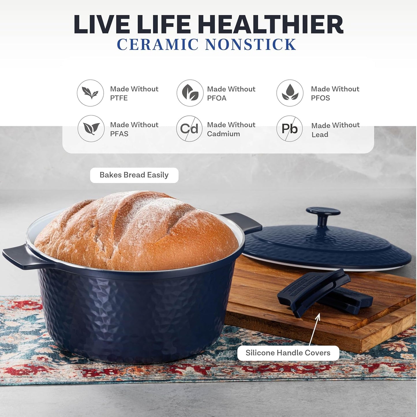 Gotham Steel Hammered 5 Qt Lightweight Dutch Oven Pot with Lid & Holders, Ceramic Non Toxic, Oven Safe & Even Heat Retaining Dutch Oven for Bread Baking Sourdough, Soup, 70% Lighter than Cast Iron