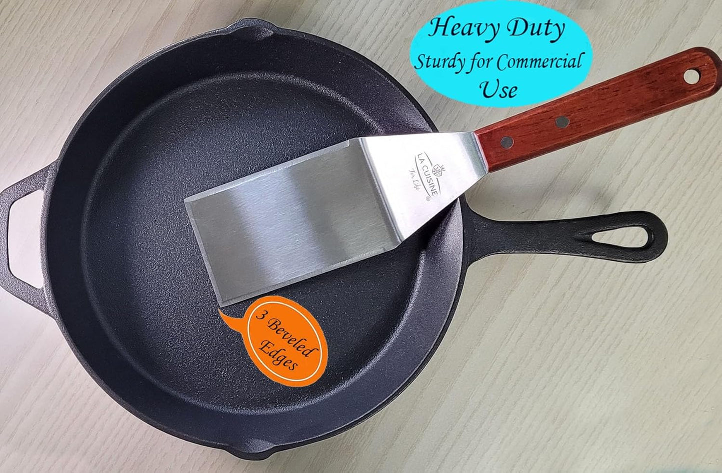 La Cuisine 3-PC SS Griddle Spatula Set - BBQ Tools Set Food Scraper for Grill Teppanyaki Flipping Patties Pancake Fish, 2 pcs SS Spatulas 1 pc Chopper/Scrapper with solid wood handle