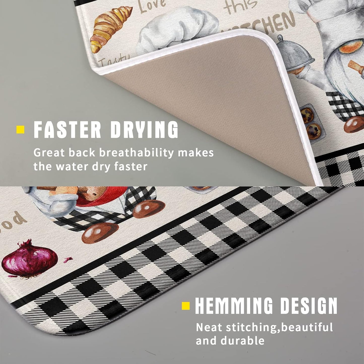 Gnome Chef Dish Drying Mat for Kitchen Counter Decor, Black White Buffalo Checked Dish Drainer Rack Mats Absorbent Microfiber Protector for Countertops Sinks, 16x18 Inch