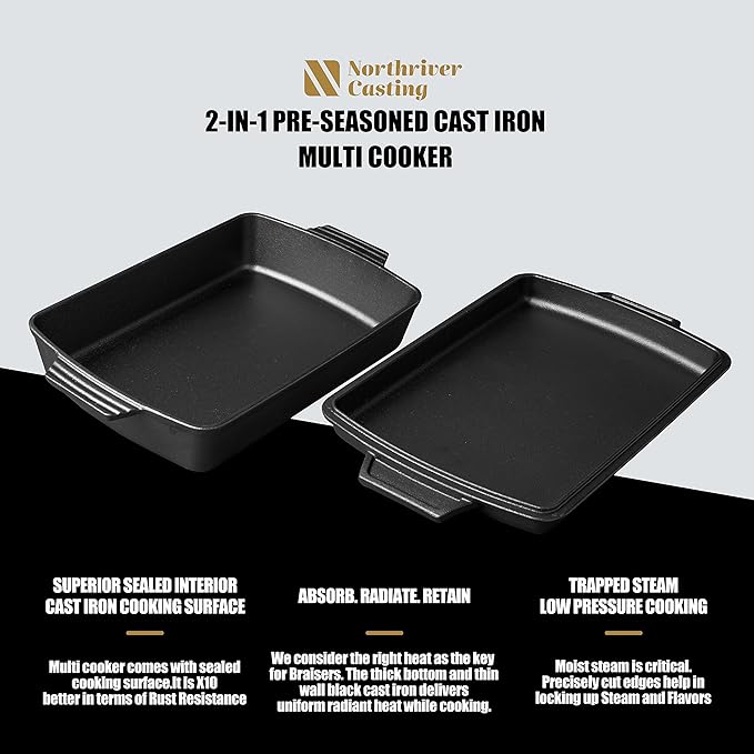 2-In-1 Pre Seasoned Cast Iron Dutch Oven With Skillet Lid,Casserole Dish,Rectangular Baking Pan,Griddle Pot Set, 6QT, 9"x13"