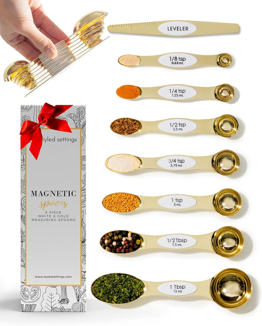 White and Gold Magnetic Measuring Spoons – Stainless Steel Double Sided Measuring Spoons for Cooking and Baking – Cute White and Gold Kitchen Accessories, Ideal for Gifting