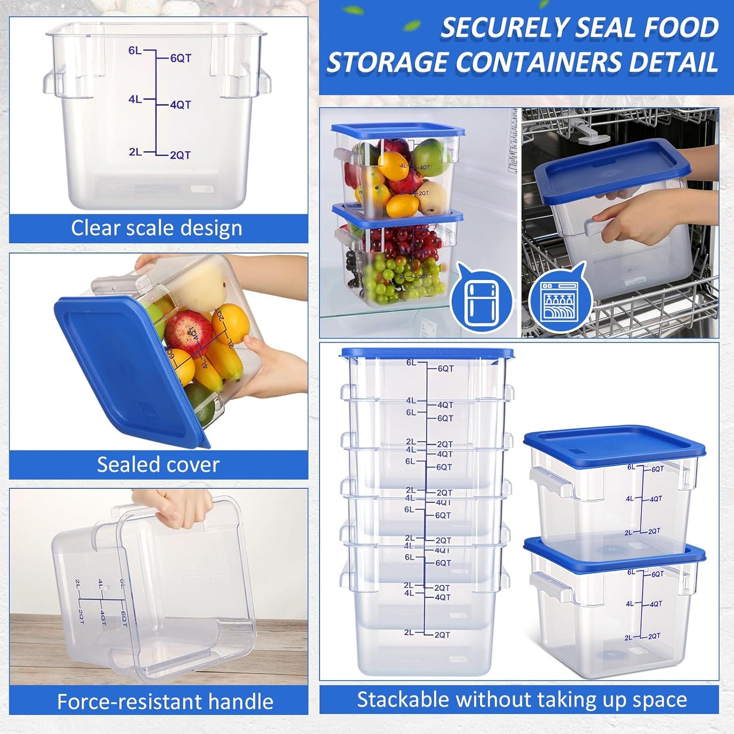 Yungyan 12 Pcs 6 Qt Commercial Food Storage Containers with blue Lids Restaurant Square Airtight Food Storage Containers Clear Cereal Container for Kitchen Freezer Dishwasher Pantry