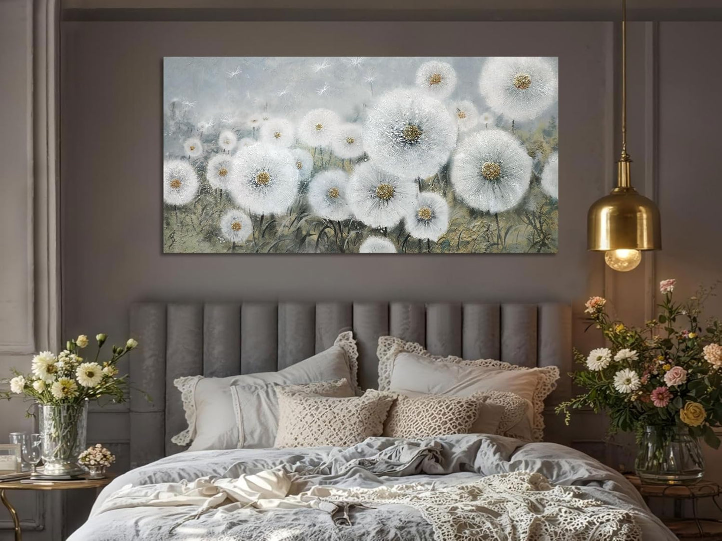 Ardemy Dandelions Wall Art Large Floral Pictures Wall Decor Living Room Flowers Paintings Textured Artwork for Walls Bedroom Kitchen Dining Room Home Office, 48"x24"