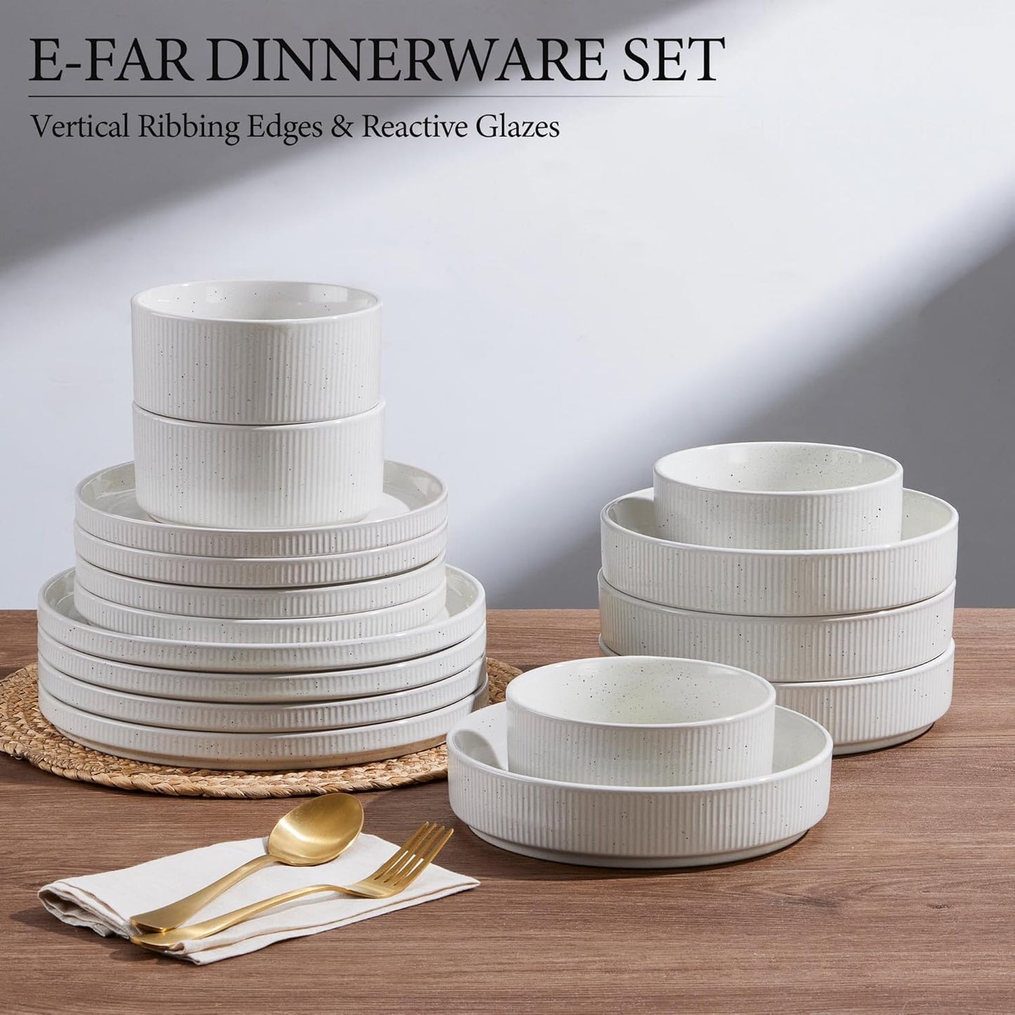 E-far 16 Piece Dinnerware Sets, Plates and Bowls with Pasta Bowls Service for 4, Modern Stoneware Ribbed Dishes for Kitchen Dining, Microwave & Dishwasher Safe, Speckled White