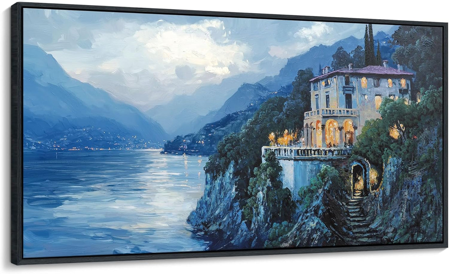 QZQCBLC Large Canvas Wall Art, Blue Mountains Lake Houses Green Trees Landscape Framed Oil Paintings Artwork for Living room Bedroom Home Kitchen Office Wall Pictures Decor 24x48 IN