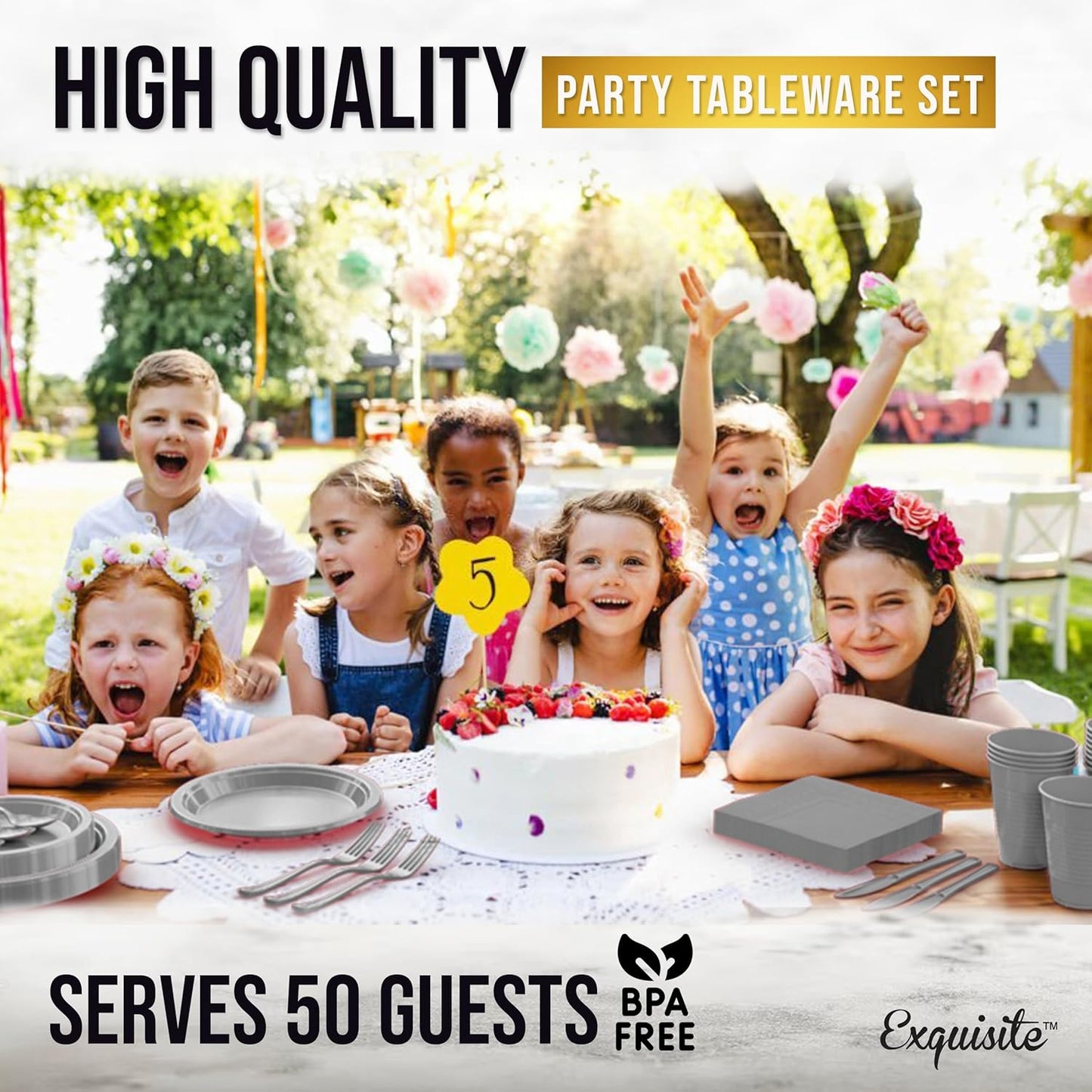 Party Solids 350 Pieces Silver Plastic Plates For Party, Silver Disposable Plates Set, 50 Of Each 9" Dinner Plate Set, 7" Dessert Plate, Cups, Napkins & Cutlery Plastic Dinnerware