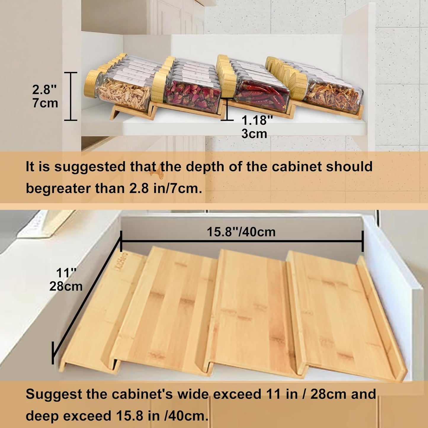 Spice Drawer Organizer with 20 Bamboo-lidded Spice Jars,216 Labels,25 Non-slip Rubber, Bamboo 4 Tier Seasoning Rack Tray Insert for Kitchen Drawers,Cabinets,Countertop,11" Wide x 15.8" Deep
