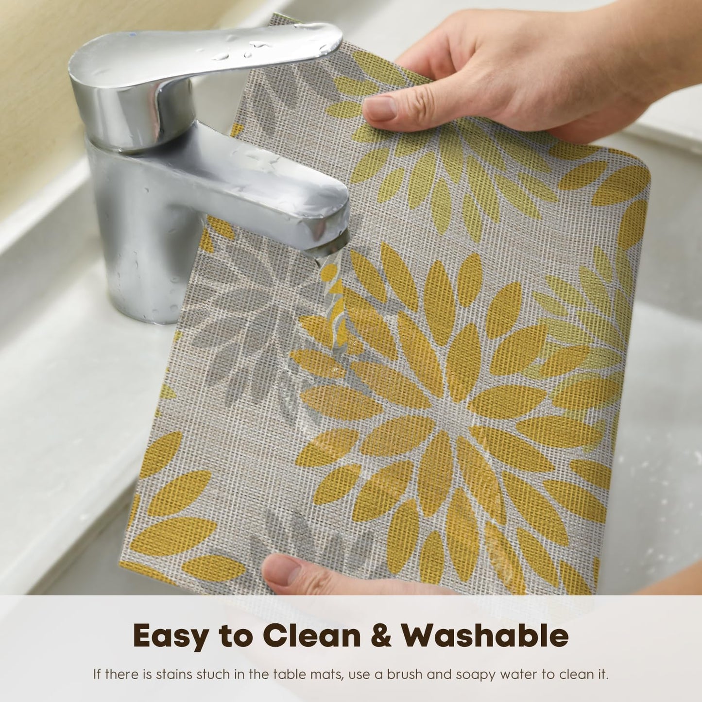 Artoid Mode Floral Plastic Placemats Set of 4, 12x18 Inch Washable Non-Slip Plastic Vinyl Place Mats for Party Kitchen Dining Decor, Yellow