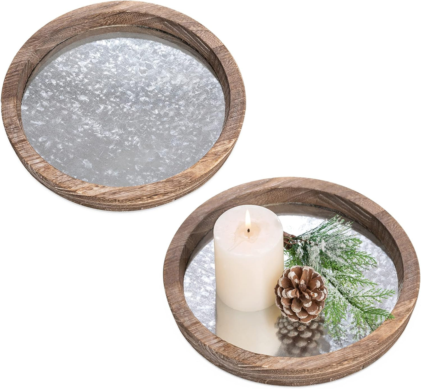 Hanobe Round Wood Decorative Tray: Set of 2 Farmhouse Wooden Galvanized Trays for Coffee Table Centerpiece Rustic Vintage Candle Platter for Ottoman Home Decor Kitchen Bathroom Bar Countertop