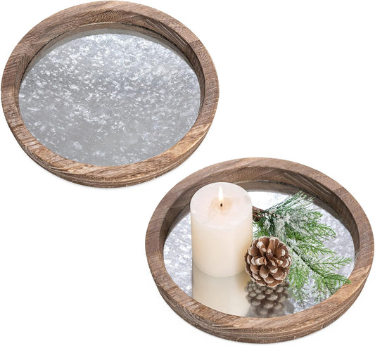 Hanobe Round Wood Decorative Tray: Set of 2 Farmhouse Wooden Galvanized Trays for Coffee Table Centerpiece Rustic Vintage Candle Platter for Ottoman Home Decor Kitchen Bathroom Bar Countertop