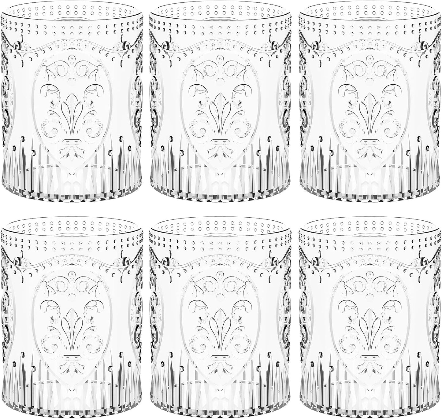 6 Plastic Vintage Drinking Glasses 8.5oz Stemless Retro Embossed Wine Glasses Shatterproof Reusable Cups for Baby Shower Wedding Reception Grand Event Party (Clear)