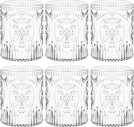 6 Plastic Vintage Drinking Glasses 8.5oz Stemless Retro Embossed Wine Glasses Shatterproof Reusable Cups for Baby Shower Wedding Reception Grand Event Party (Clear)