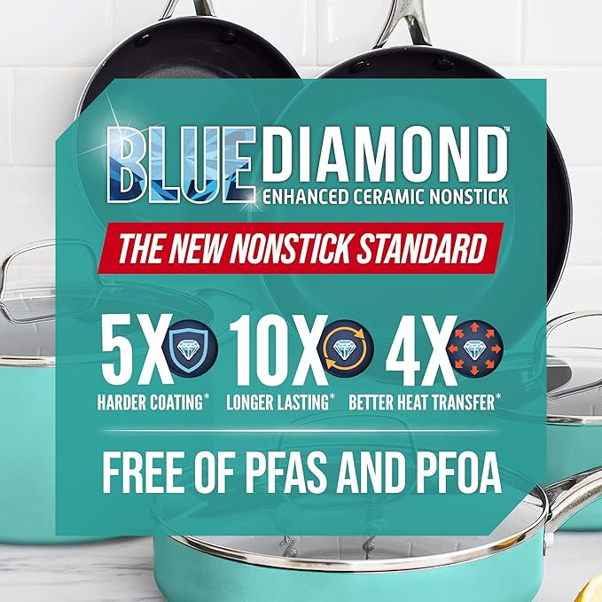Blue Diamond 8" Nonstick Frying Pan Skillet, Diamond Infused Ceramic PFAS-Free, Dishwasher & Oven Safe, Stay Cool Handle, Durable Non Toxic Metal Utensil Safe, Egg & Omelet Pan, Turquoise