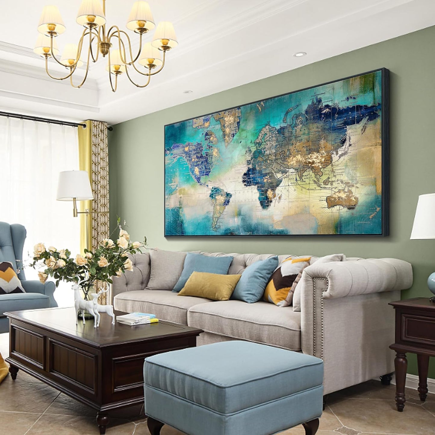 Pogusmavi World Map Canvas Art - Abstract Wall Art for Office & Living Room, Green, 30x60 Black Framed