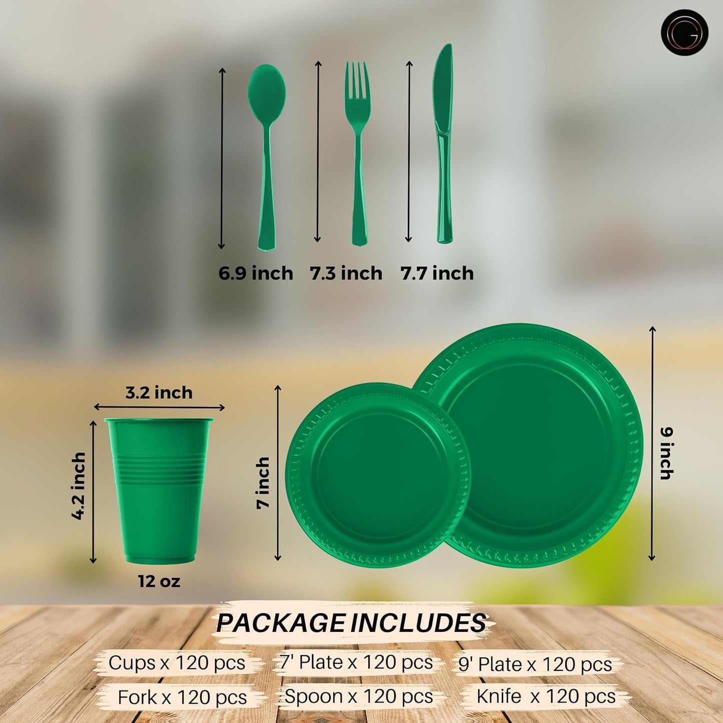 Grandipity 720 Piece Green Disposable Dinnerware Set, Plastic Dinnerware Set Includes 120 Count 9' Dinner Plates, 7' Dessert Plates, 12oz Cups, Forks, Knives & Spoons