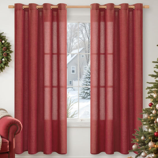 YoungsTex Red Linen Curtains 72 Inch Length for Living Room, Light Filtering Window Drapes with Bronze Grommet Privacy for Dining Bedroom, 52 x 72 Inch, 2 Panels