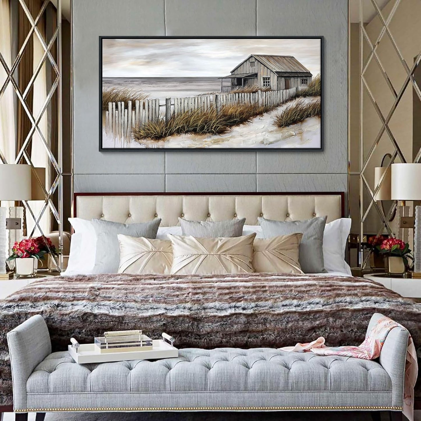 YDYSUNE Village Coastal Wall Art for Living Room - Retro Beach Fenced House Canvas Wall Decor for Home Artwork Painting Print for Bedroom Decoration Kitchen Office Hang a Picture Framed 24x48 Inches