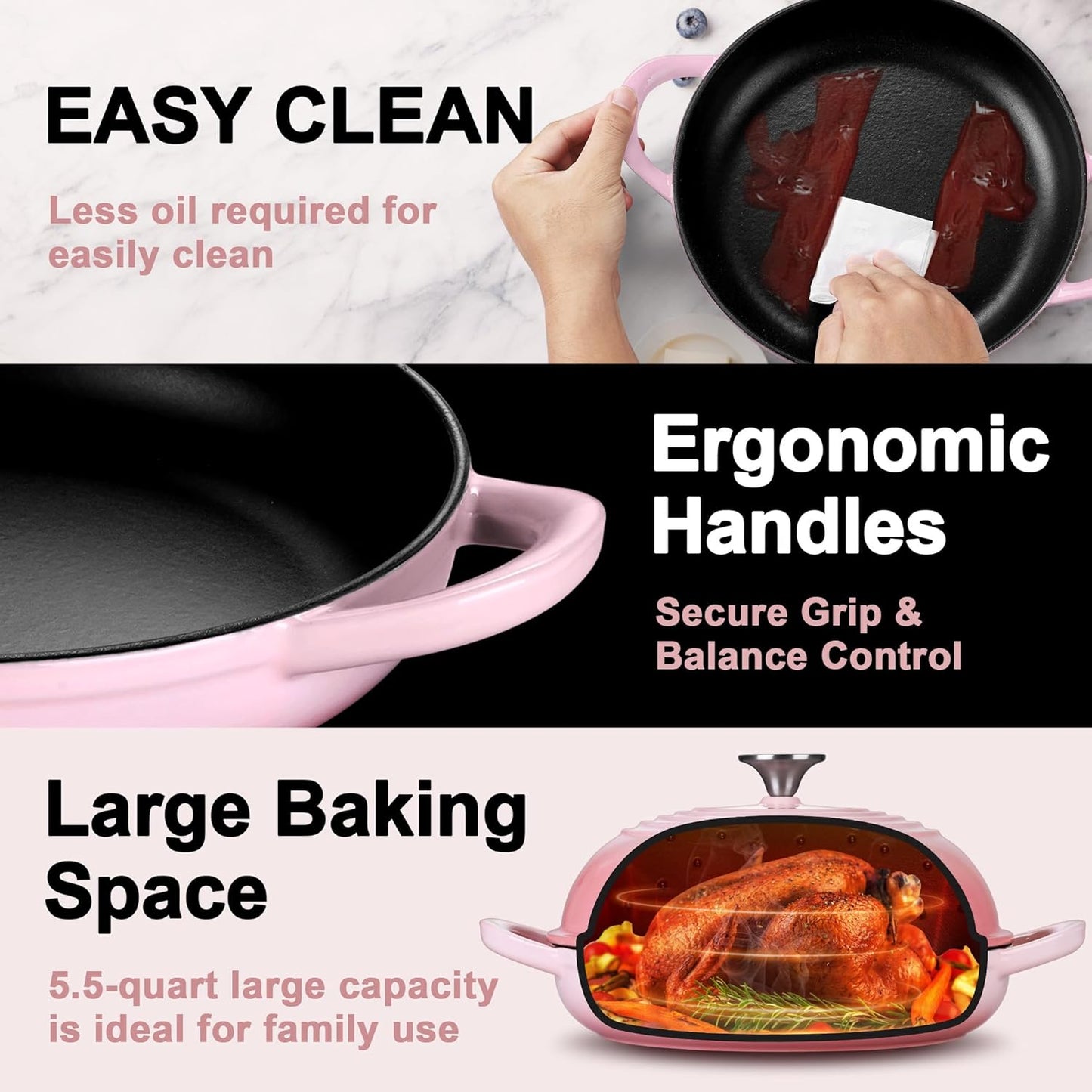 P&P CHEF Bread Dutch Oven for Sourdough, 5.5 Quart Enameled Cast Iron Dutch Oven Pot with Lid for Homemade Bread Baking, Easy to Clean & Even Heat, Pink