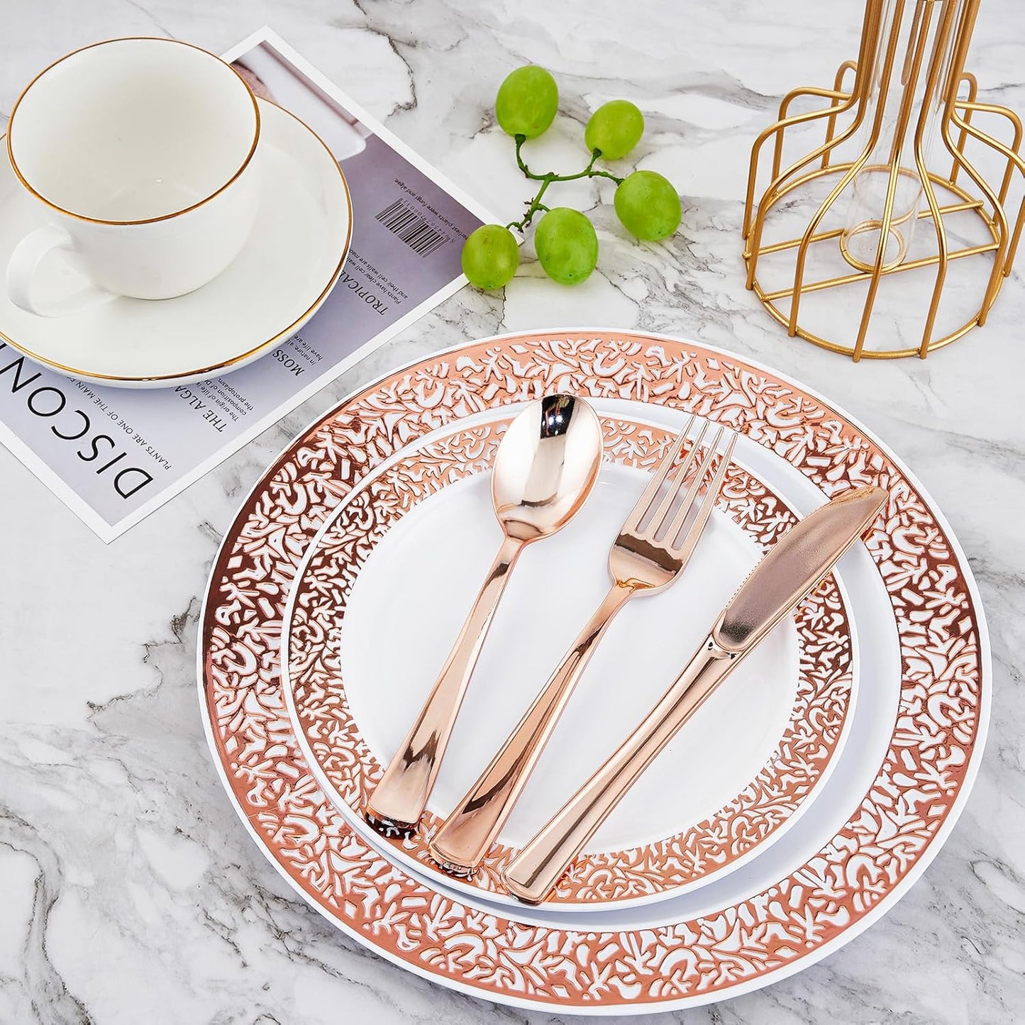 𝟮𝟭𝟬 Count Rose Gold Plastic Dinnerware Disposable Plates 30 Dinner & 30 Dessert Plates & 30 Cups & 30 Rose Gold Paper Napkins & 30 Plastic Silverware Set