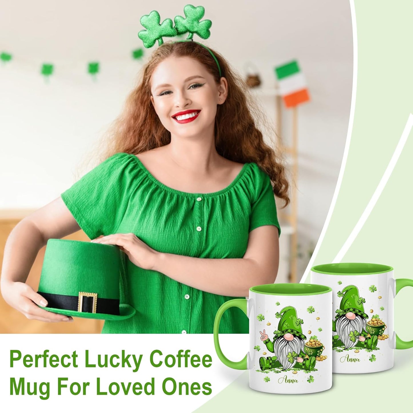 Hyturtle Personalized Gnome Mug - Cute Gnome Gift For Women - Lucky Gift For Gnome Lover - Gnome St. Patricks Day Decorations - Gnome Gifts - Custom Name Coffee Cup Ceramic Mug 11oz 15oz