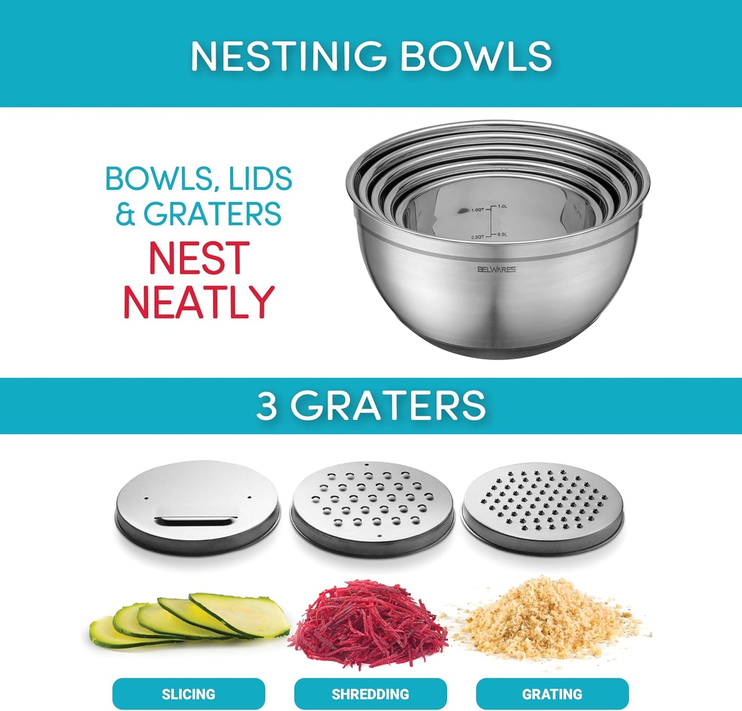 Belwares Mixing Bowls with Lids Set of 5 - Stainless Steel Nesting Bowls with Non-Slip Silicone Bottoms, Airtight Lids & 3 Grater Attachments Kitchen Baking Bowls for Food Prep & Storage (Colorful)