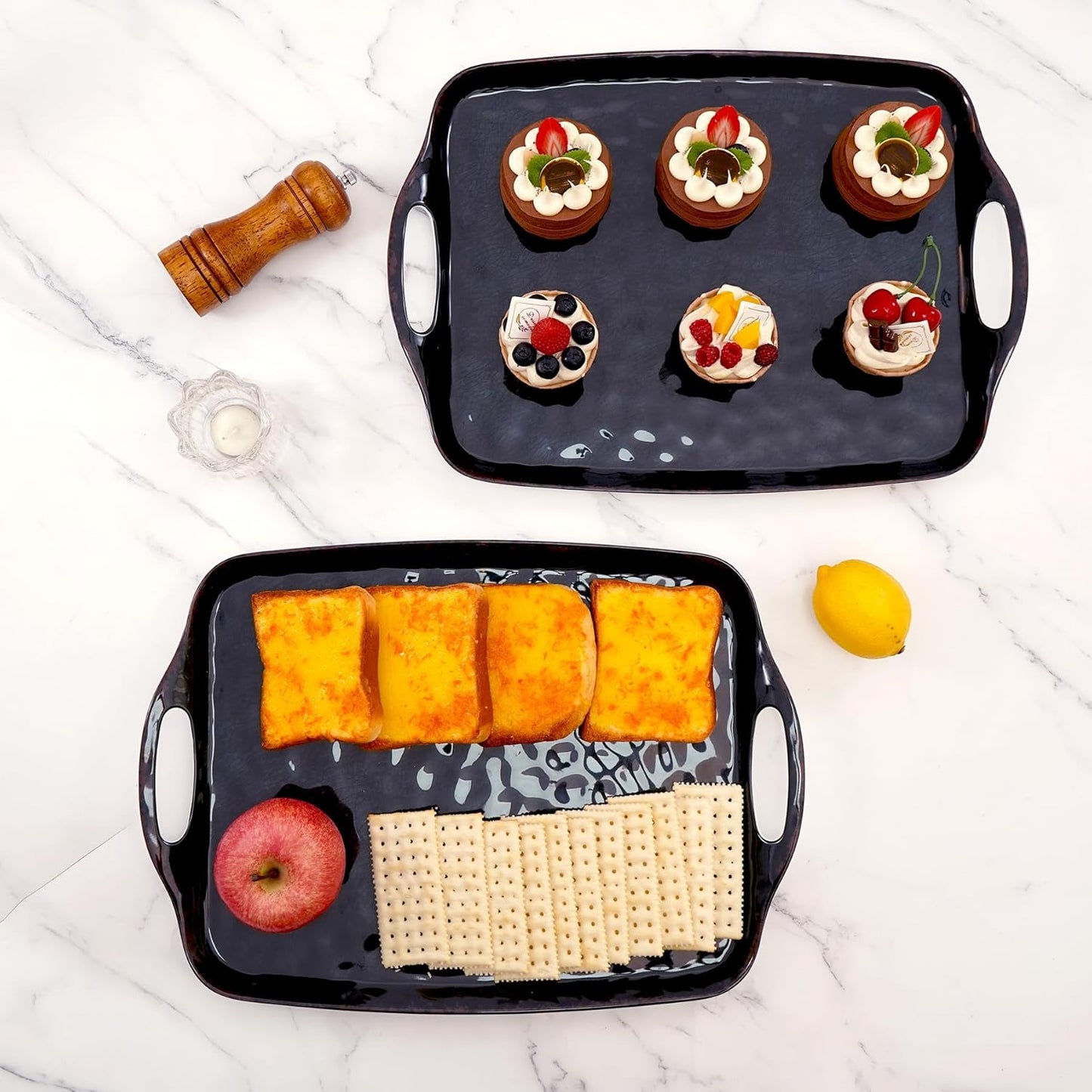 TP Serving Trays with Handles, 19 Inch Large Rectangular Melamine Serving Platter Set of 2, Retro Black