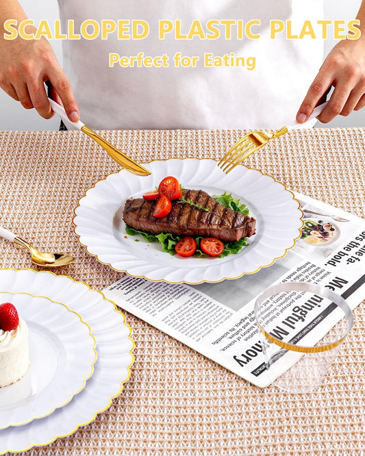 Ciaell 175 PCS White Scalloped Plastic Plates with Gold Trim - Gold Plastic Silverware with Handle - Fancy High-End Dinnerware Sets for Wedding & Showers & Party & Thinksgiving (25 Guests)