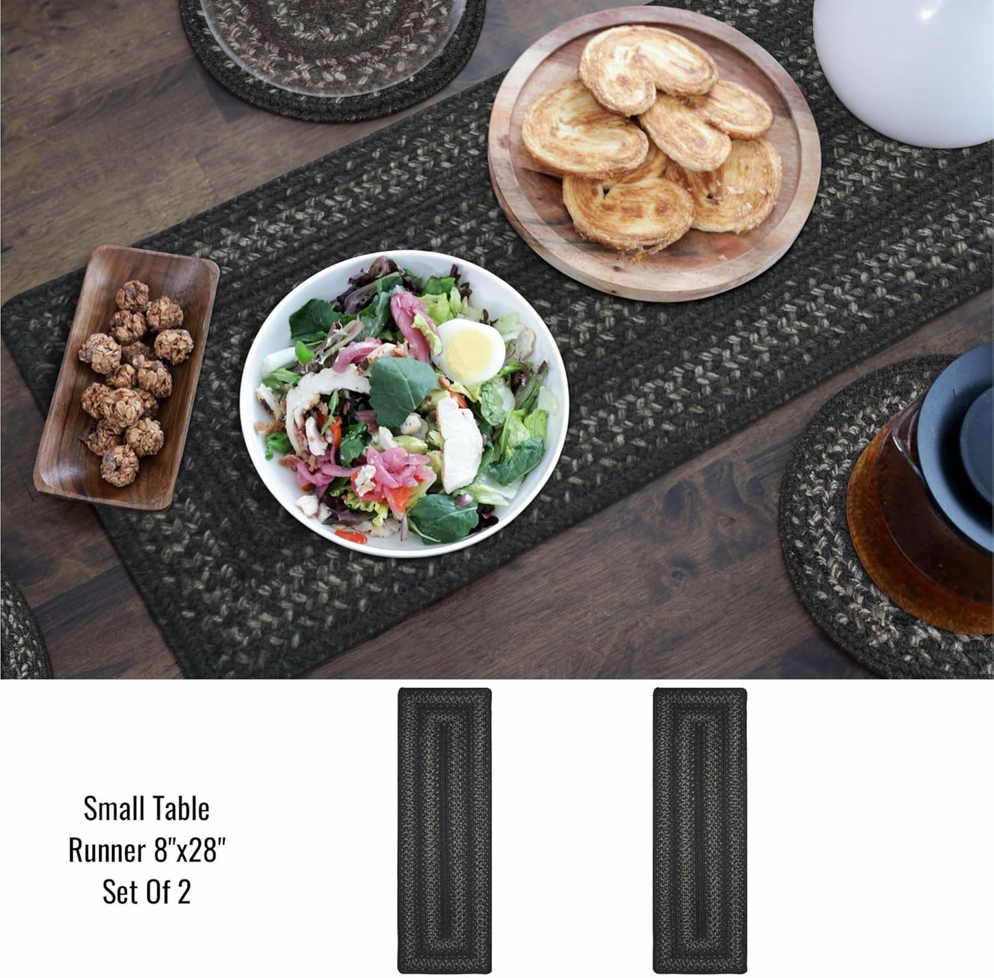 Homespice Jet Black Jute Braided Short Table Runner, Warm Primitive Decor, Set of 2, Rectangle 8x28 - Rich Colors, Easy to Clean, Durable and Protects Furniture