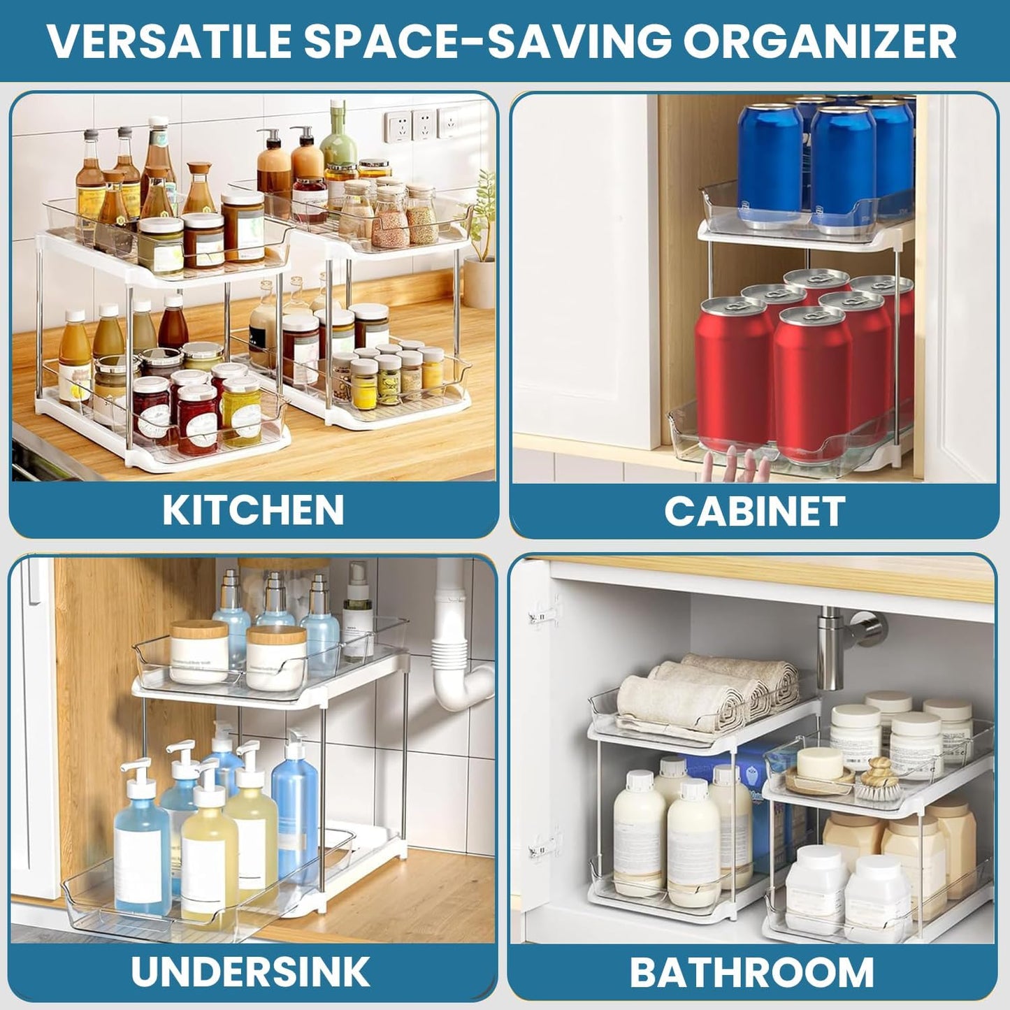 Bathroom Organizers And Storage – With Multipurpose Holder, 2 Sets of 2 Tiers Stackable Under Sink Bathroom Drawer Organizer Multi-Purpose Pantry Organizer And Kitchen Organization With Dividers