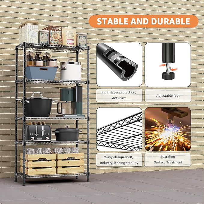 5 Tiers Shelf Metal Storage Shelves Standing 1750 LBs Household Shelf Organizer for Kitchen Pantry Closet Garage Basement Utility Room, Black15.7 D x 45.3" W x 70.4" H