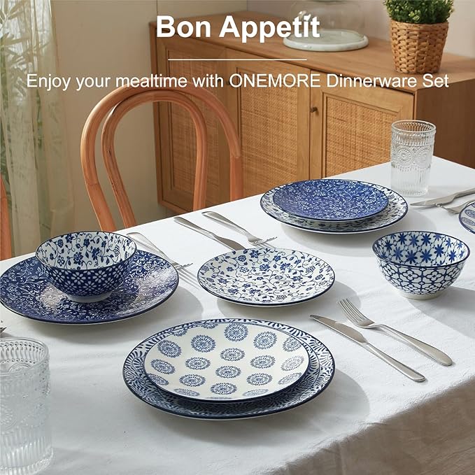 ONEMORE 12 Piece Ceramic Dinnerware Set for 4, Vintage Blue Stoneware Plates & Bowls Set - Scratch Resistant, Microwave, Dishwasher & Oven Safe, Everyday Family Meals