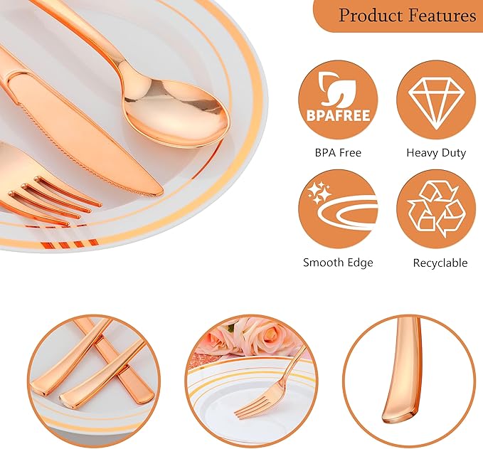 700 PCS Rose Gold Plastic Plates for 100 Guests, Rose Gold Disposable Dinnerware Sets Include 100 Dinner&Salad Plates, 100 Silverware Set, 100 Napkins, 100 Cups