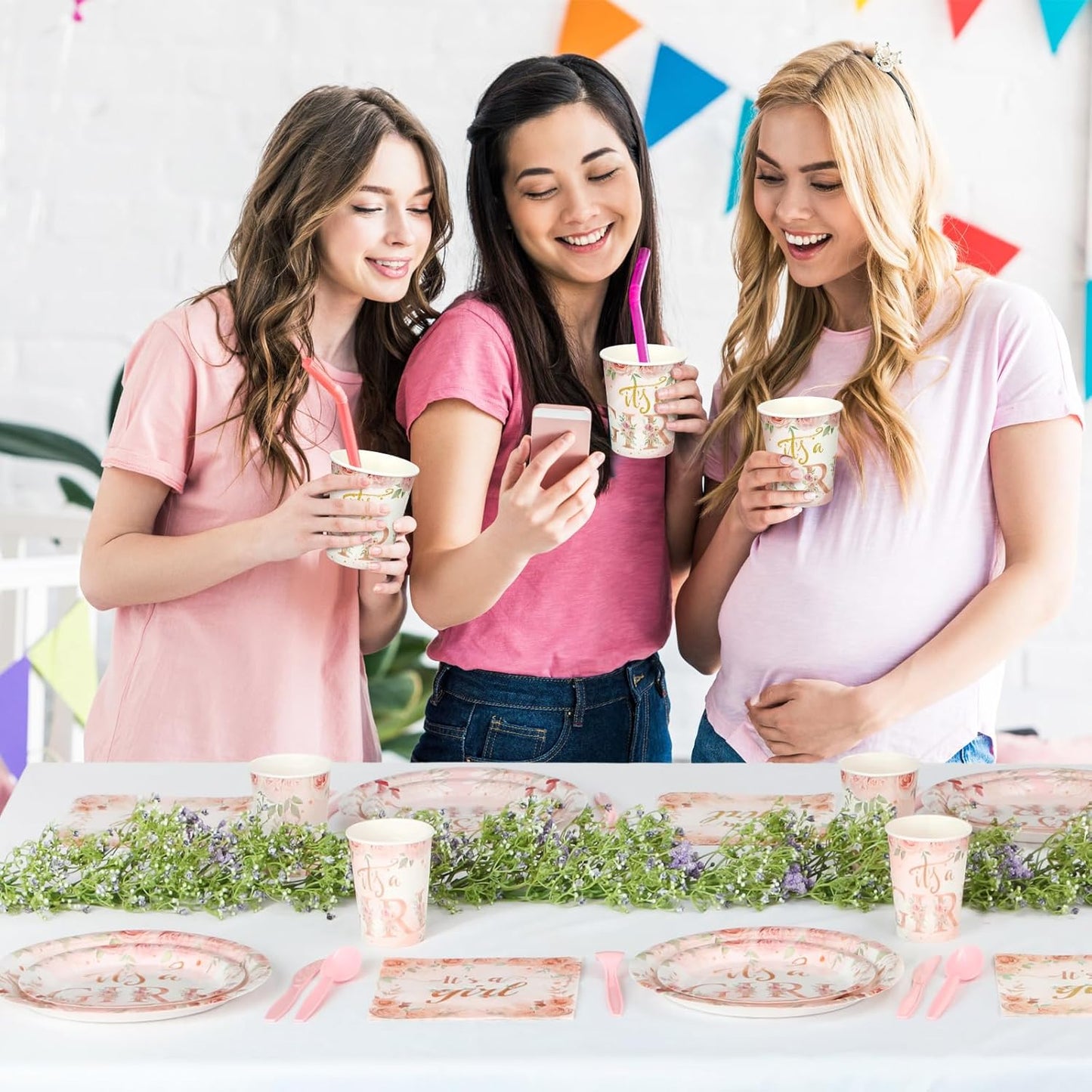 Dandat 350 Pcs Baby Shower Plates Set Baby Shower Party Supplies Serves 50 Tableware Sets Include Plates Napkin Cup Forks Knives Spoons Disposable Dinnerware(Floral,Pink)