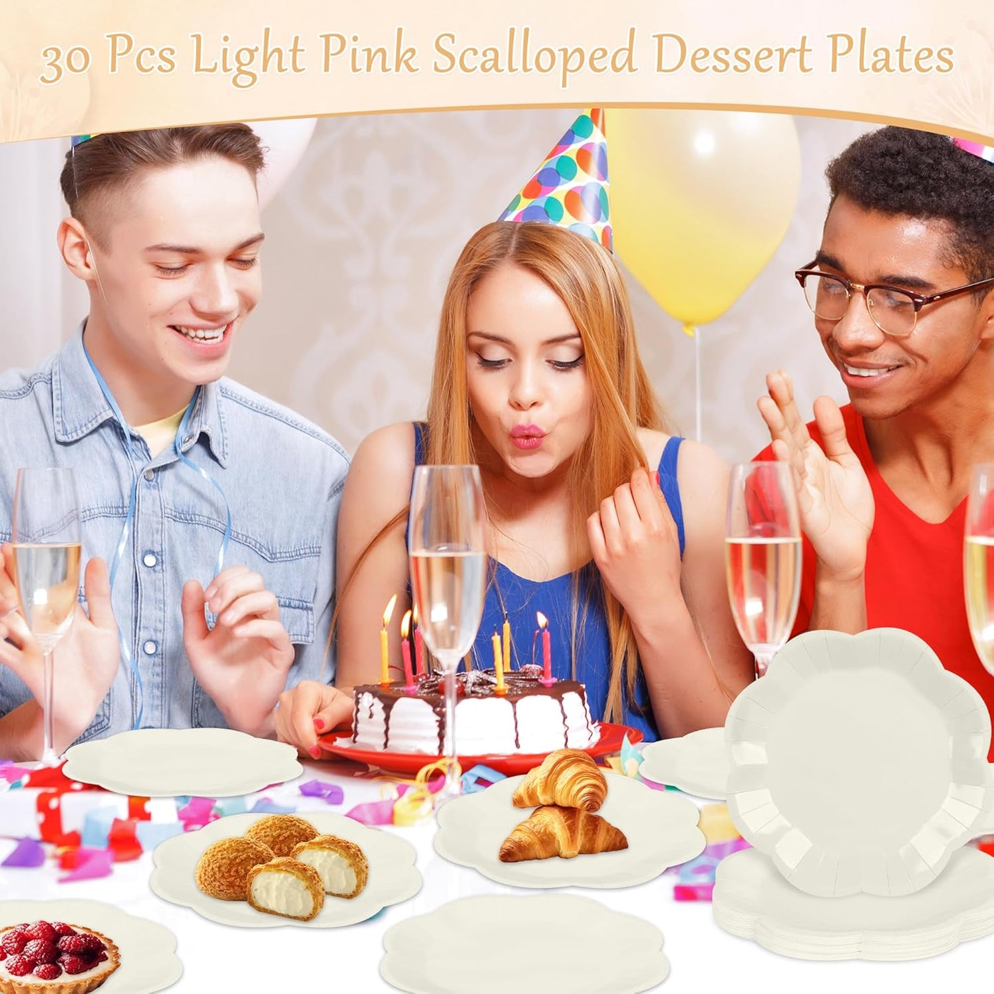 30 Pcs Ivory Paper Plates - 9 Inch Scalloped Dessert Plates Disposable Ivory Birthday Party Supplies Dinner Plates for Wedding Baby Shower Birthday Party