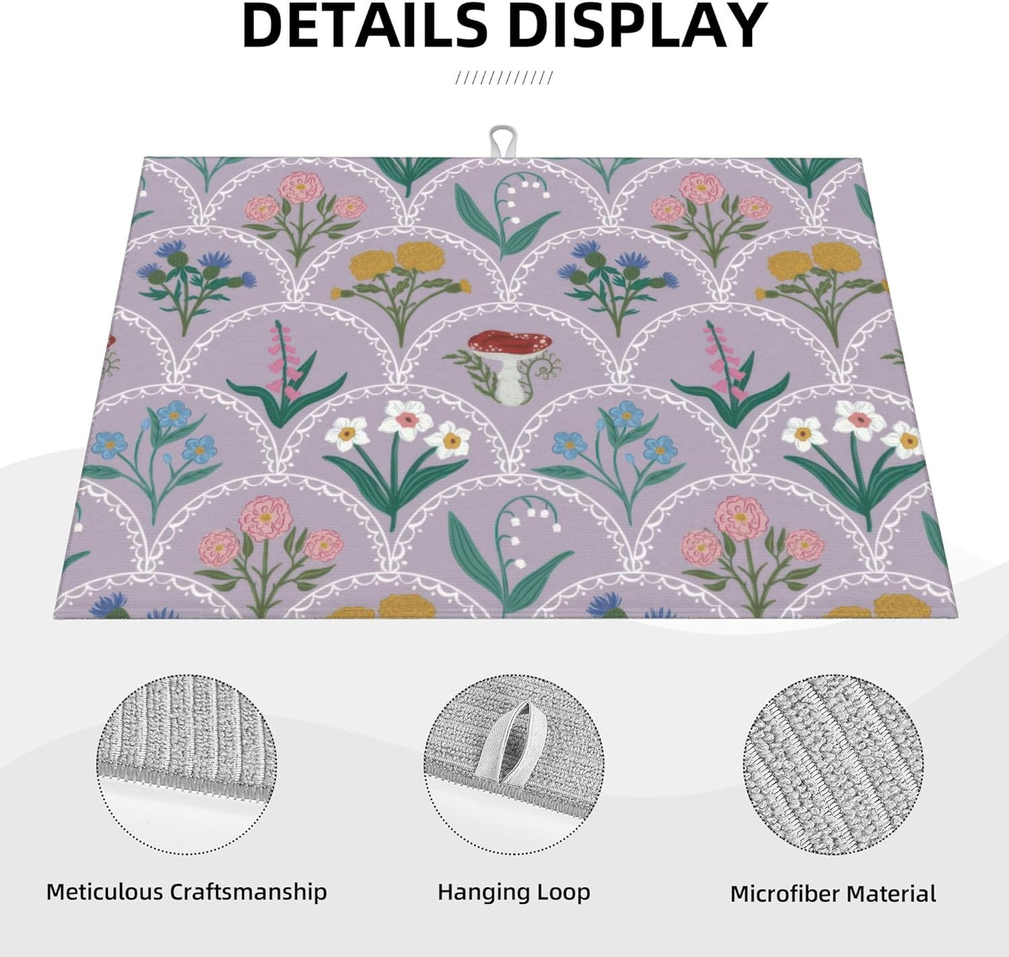 Vintage Flowers Dish Drying Mat 18x24 Inch, Microfiber Absorbent Fast Dry Mat Mushroom Floral Large Dish Mat Drying Kitchen Mat, Kitchen Drying Pad for Kitchen Counter Coffee Bar Decor Gifts