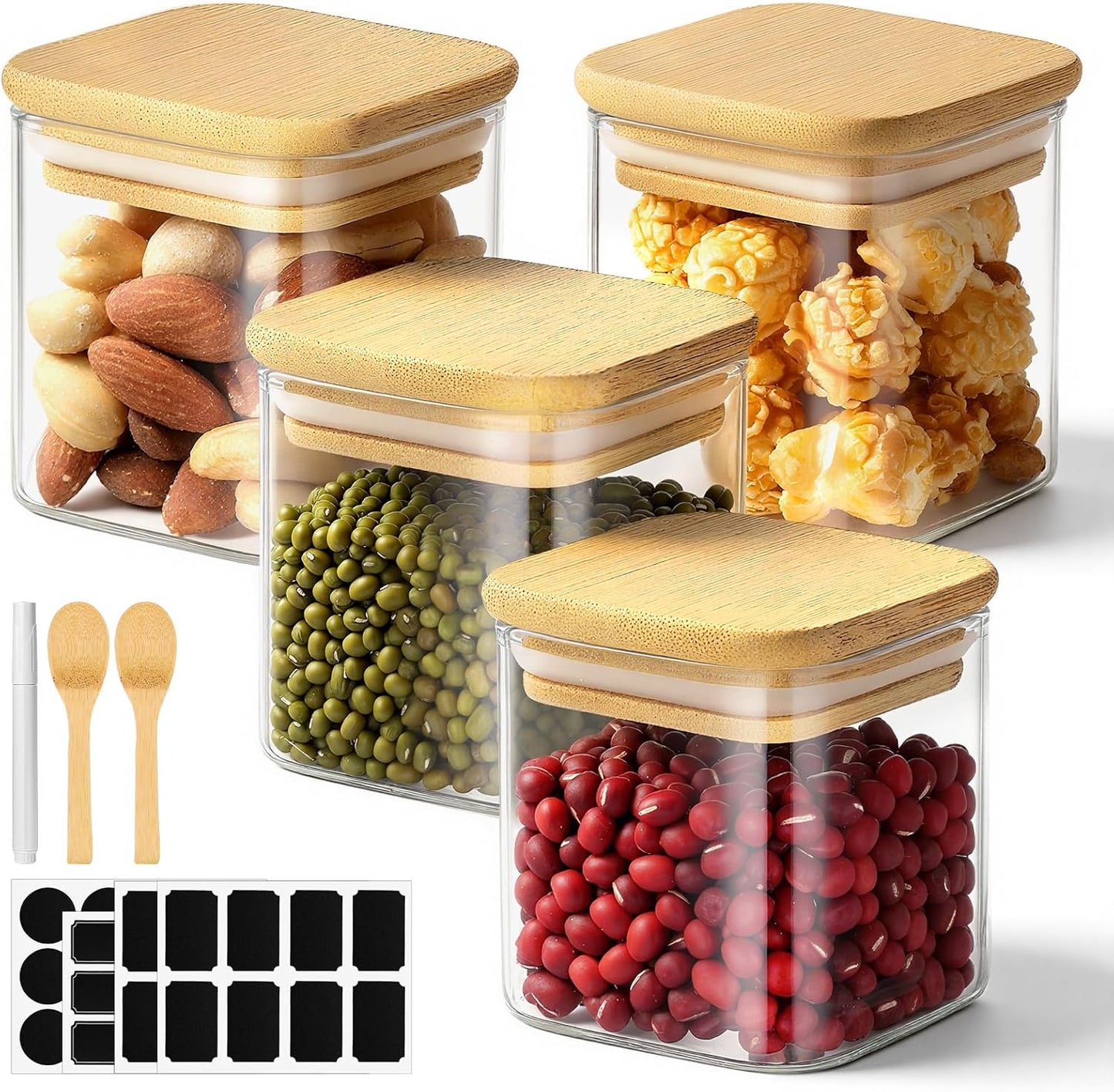 Glass Jar with Lid Set of 4, 4 Fl.oz Square Glass Storage Jars with Bamboo Lids, Clear Spice Container Seasoning Canister for Sugar Coffee Tea - Included Label Sticker, Spoon and Marker