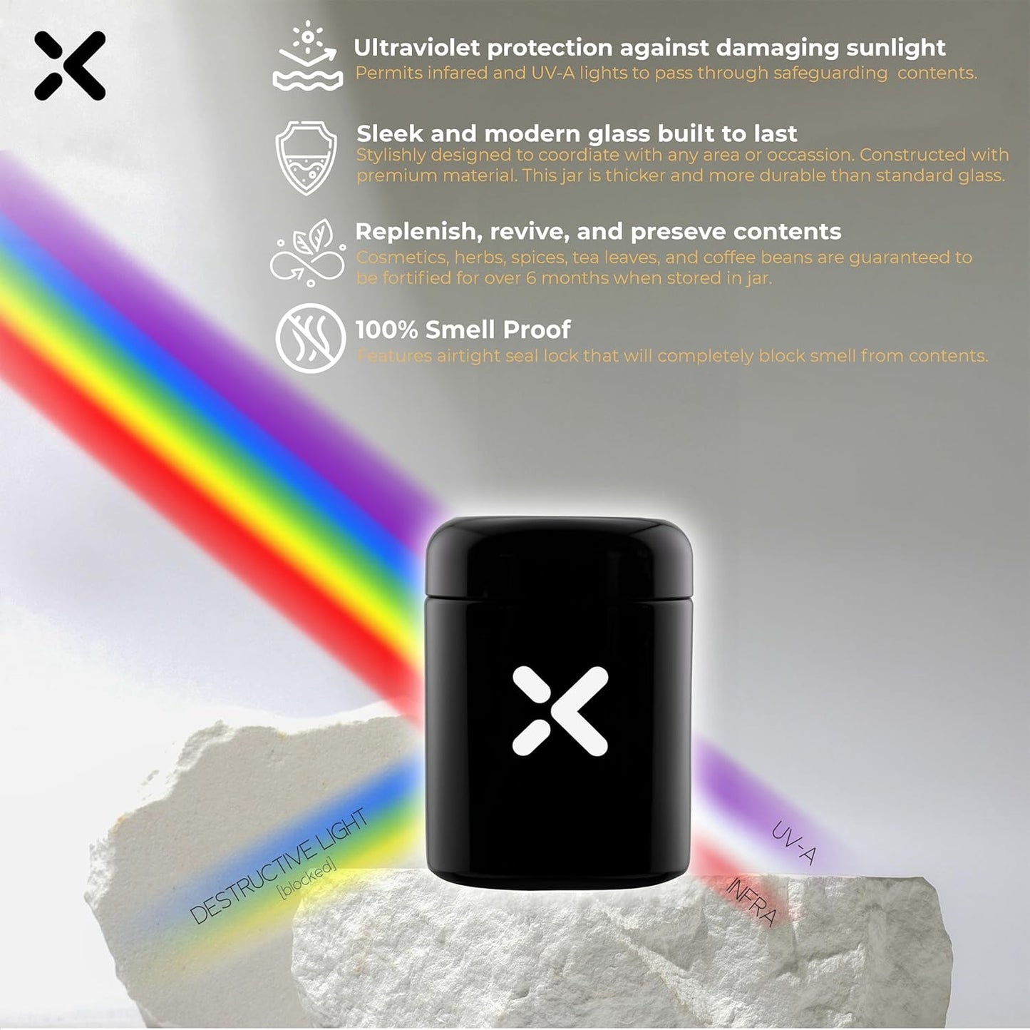 Airtight Glass Storage Container | 500ml (1oz) | Ultraviolet Glass Screw Top Jar | Fortify UV Herb/Spice Jar with Airtight Lid | Includes Boveda 62% Humidity Pack and Accessories