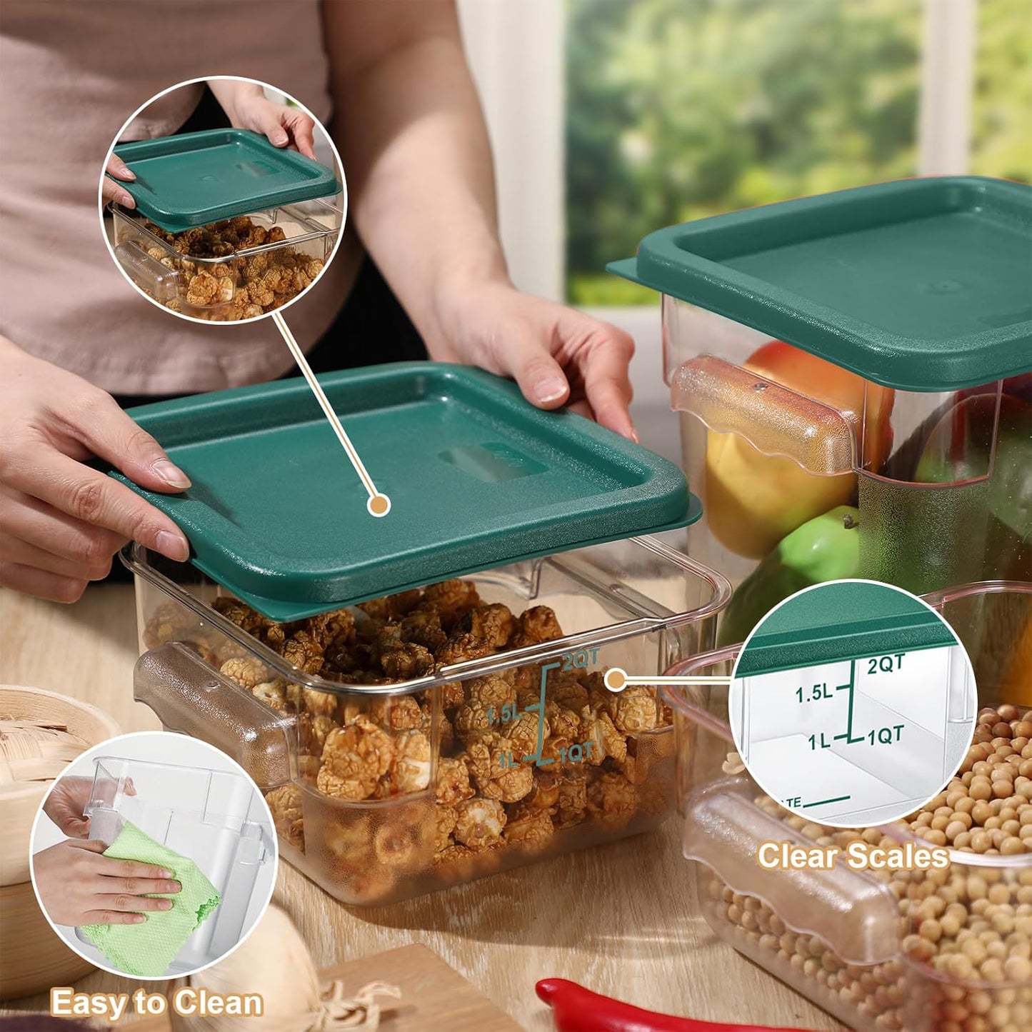 Barydat 4 Pcs Food Storage Container with Lids 2Qt and 4Qt Square Commercial Containers with Scales and Handles Polycarbonate Clear Food Storage for Kitchen Proof Dough Marinating Meat(Green)