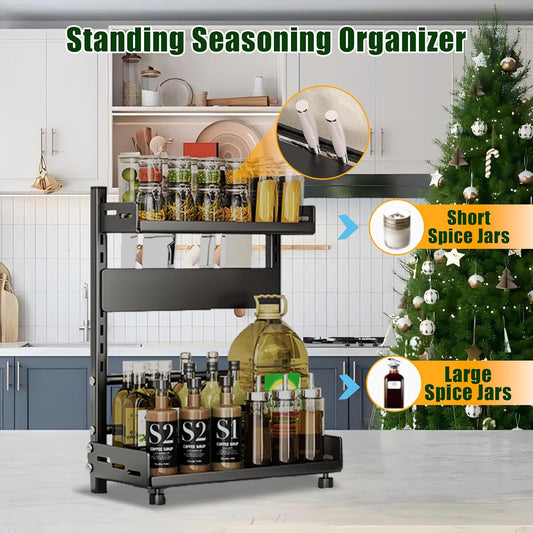 Spice Organization for Cabinet | 2 Tier Standing Height-Adjustable Spice Rack | Large Metal Rust-Proof Seasoning Organizer | Kitchen Storage Organization Shelf for Pantry Bathroom (2-30CM Black)