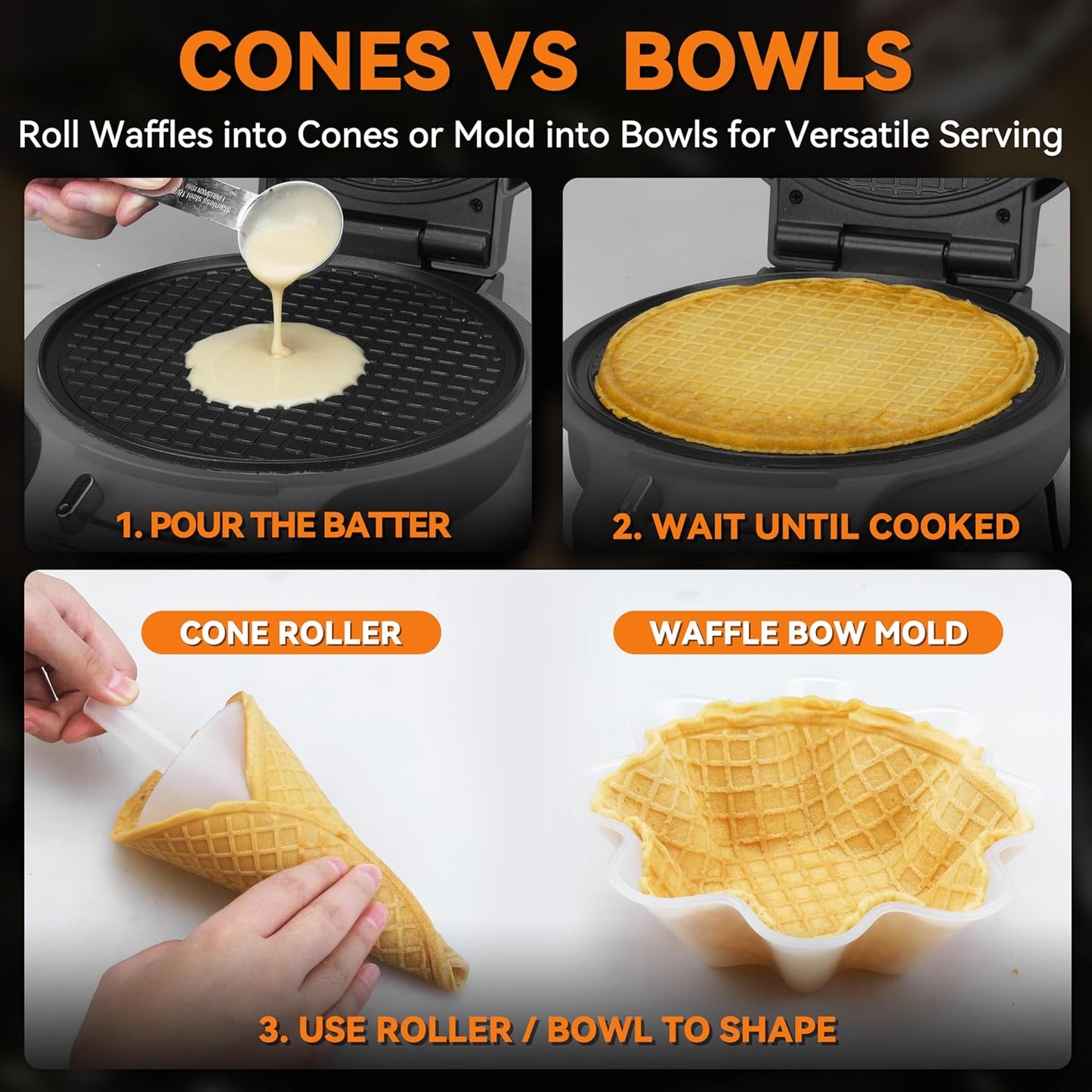 Baker's Friend Waffle Cone Maker Machine with Browning Control, Nonstick Waffle Bowl Maker, 7.5” Ice Cream Cone Maker, Thin Waffle Maker Crispy, Cone Roller & Bowl Press Included, Graphite