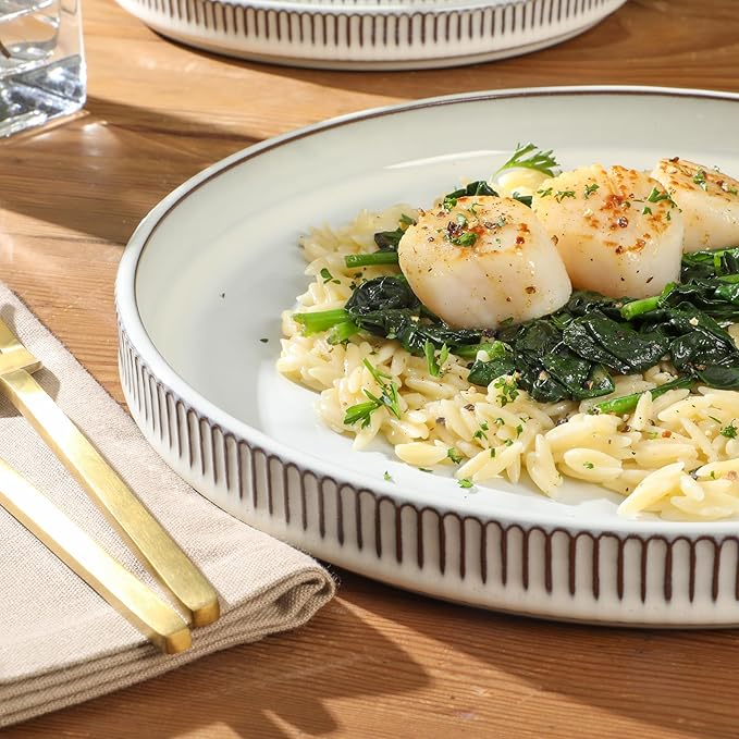 Gibson Elite 12 Piece (Service for 4) Townscape Plates and Bowls Reactive Glaze Embossed Round Dishes Terracotta Ceramic Dinnerware Set - Cream White