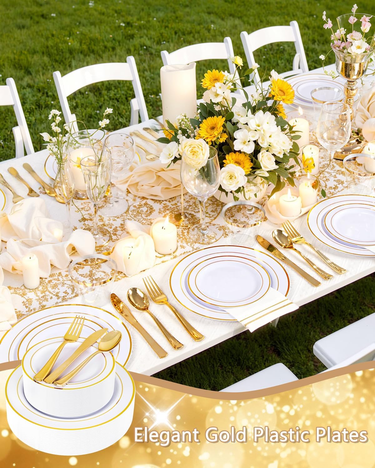 GATHER 350PCS White and Gold Plastic Plates - Disposable Plastic Dinnerware Set Include 50 Dinner Plates, 50 Dessert Plate, 150 Silverware, 50 Napkins, 50 Cups for Party & Wedding & Thanksgiving
