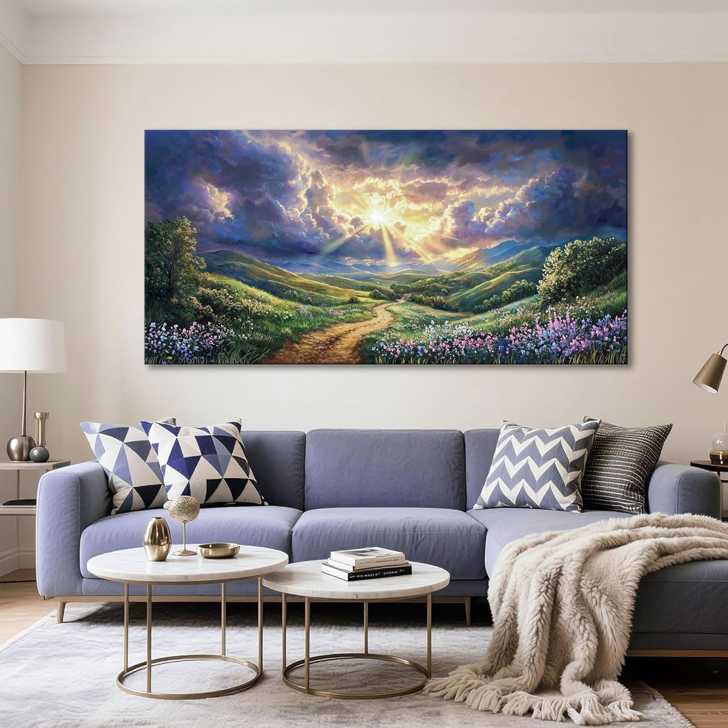 HKDGOKA Large Landscape Canvas Wall Art, Green Mountains Purple Clouds Flower Scenery Canvas Pictures Paintings Artwork for Living Room Bedroom Office Kitchen Home Wall Decor 29x58 IN