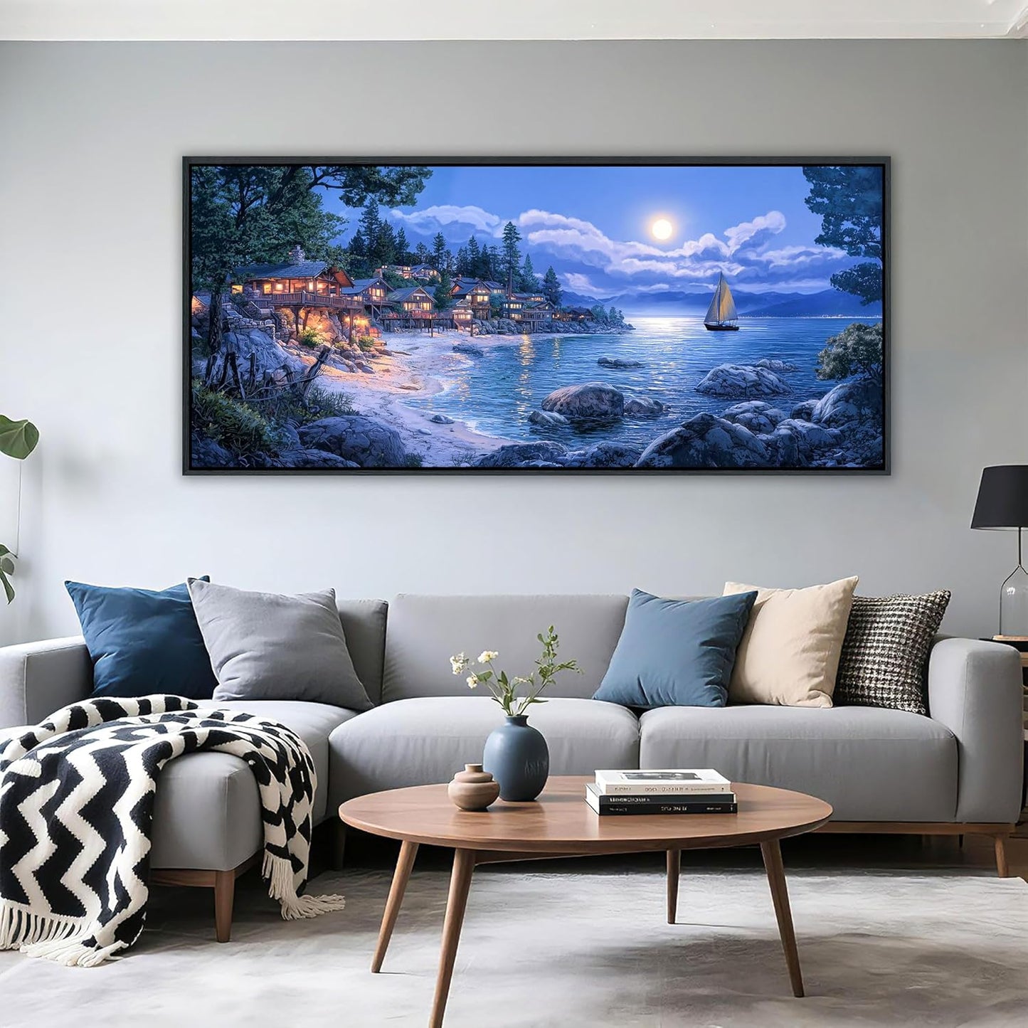 CHATYOUNG Large Beach Wall Art, Blue Sea Ocean Night Landscape Framed Painting Coastal Moon Modern Pictures Artwork for Bedroom Living Room Kitchen Home Office Wall Decor 71"x32"