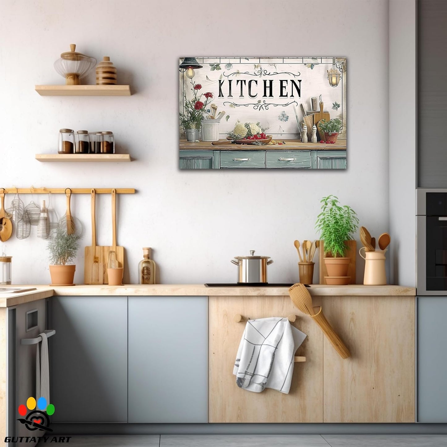 GUTTATY Kitchen Pictures Wall Decor, Farmhouse Wall Art Decor Flowers And Kitchen Utensils Painting for Dinning Room Restaurant Decor, Mother's Day Gift for Grandma Mom Hanging Artwork 28×40 Inch