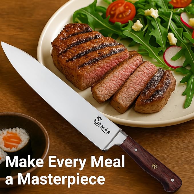 Chef Knife 8 Inch – Professional Stainless Steel Chef’s Knife with African Wood Wenge Handle & Mosaic Pin – Cuchillo de Cocina Profesional – Sharp Kitchen tool for Meat & Vegetables