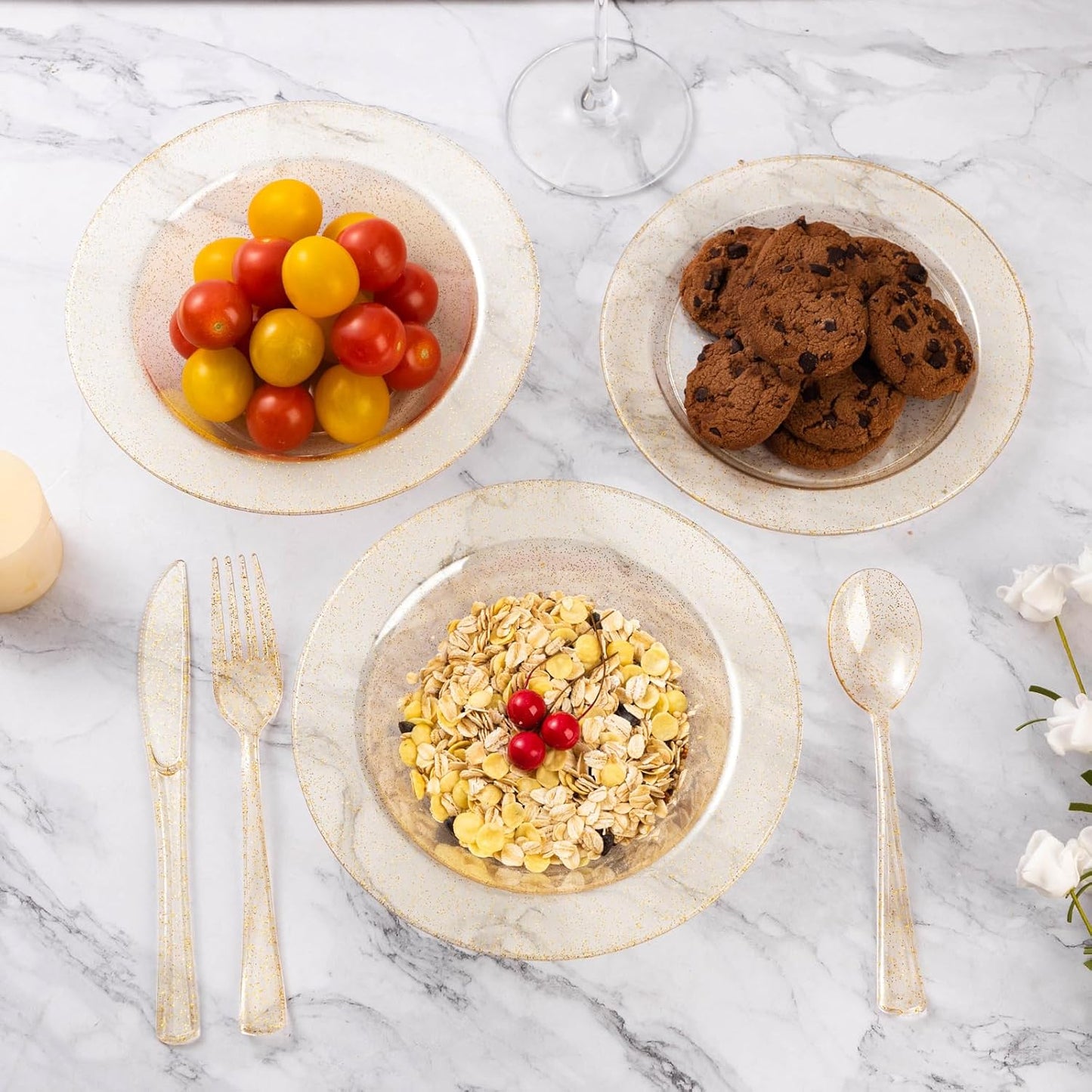 Goodluck 50 Pack Gold Glitter Plastic Bowls, 12oz Disposable Soup Bowls, Heavy Duty Dessert Bowls for Weddings, Parties, Dinners, Catering, Christmas and Everyday Use